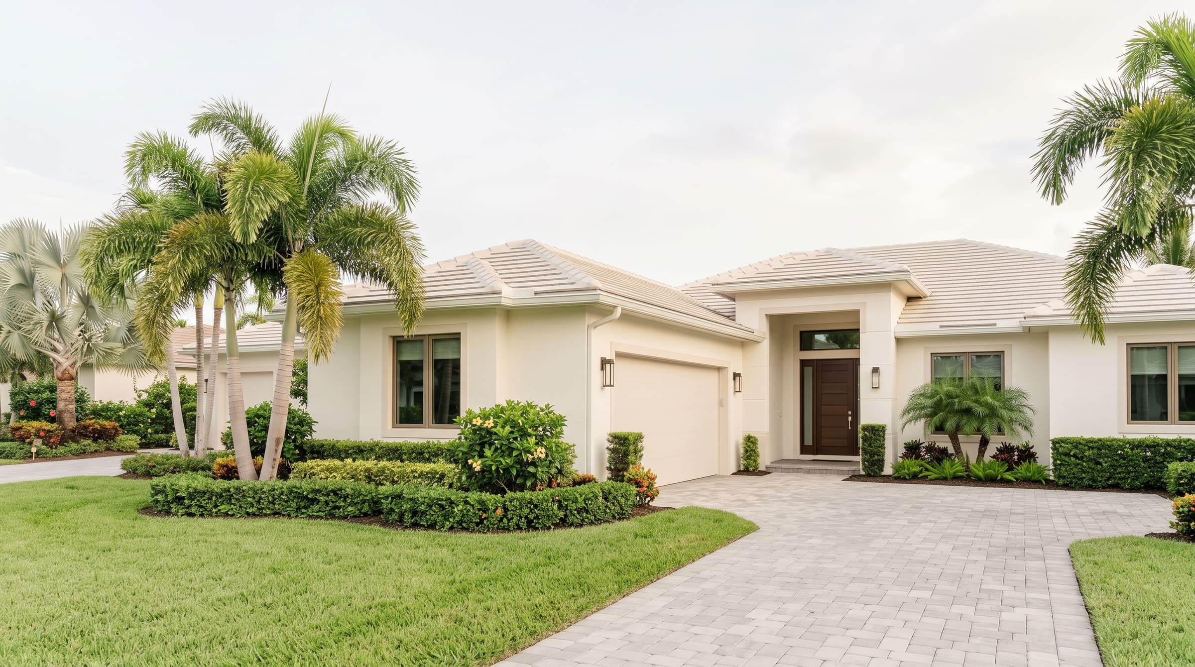 A cream single-story Florida home with a light tile roof, palms, landscaping, a paver driveway, and a dark wood front door under a pale overcast sky